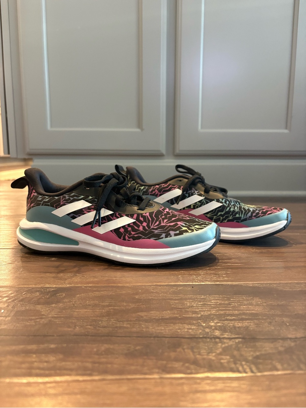 Adidas FortaRun EL K Kids’ Running Shoes - Black/Pink/Teal (Size 4.5 US/36 EU)